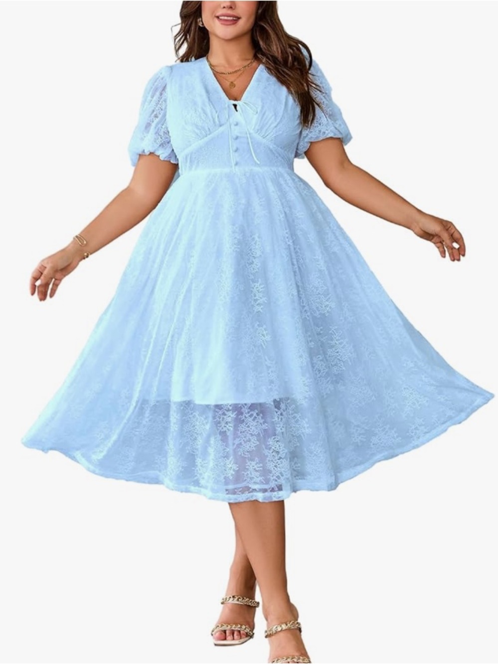 Women's Light Blue Lace Midi Dress with Puff Sleeves 3x